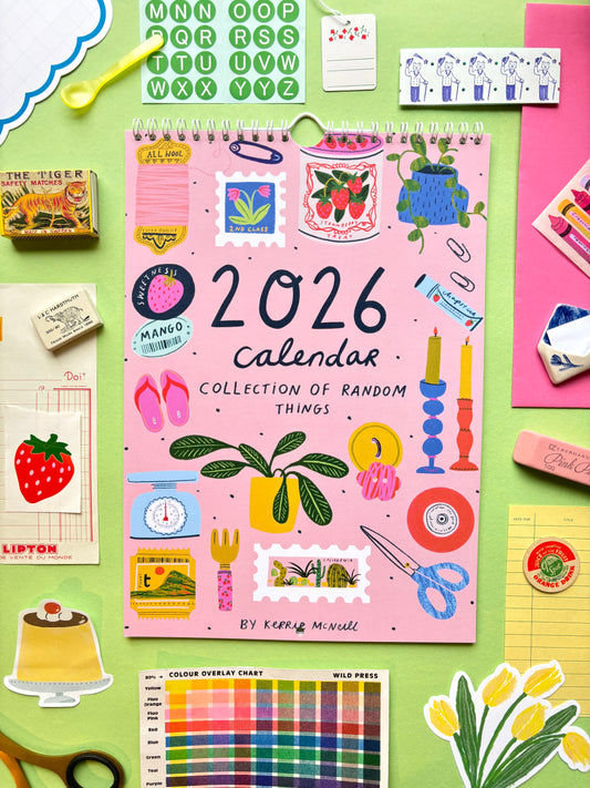 2026 calendar with a pink cover featuring illustrations on a colorful background