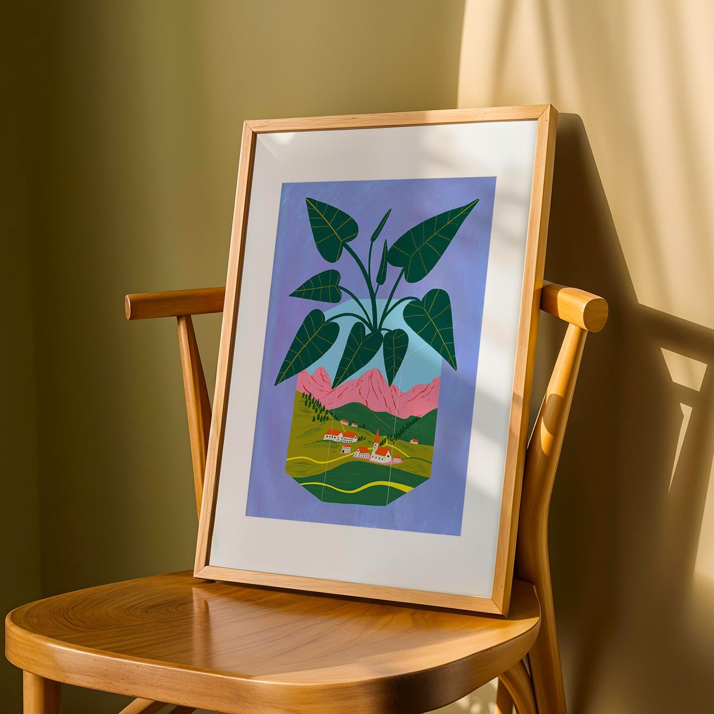 Alocasia in Scenic Mountain planter | Colorful Contemporary Wall Art | Colourful Landscape House Plant Wall Art