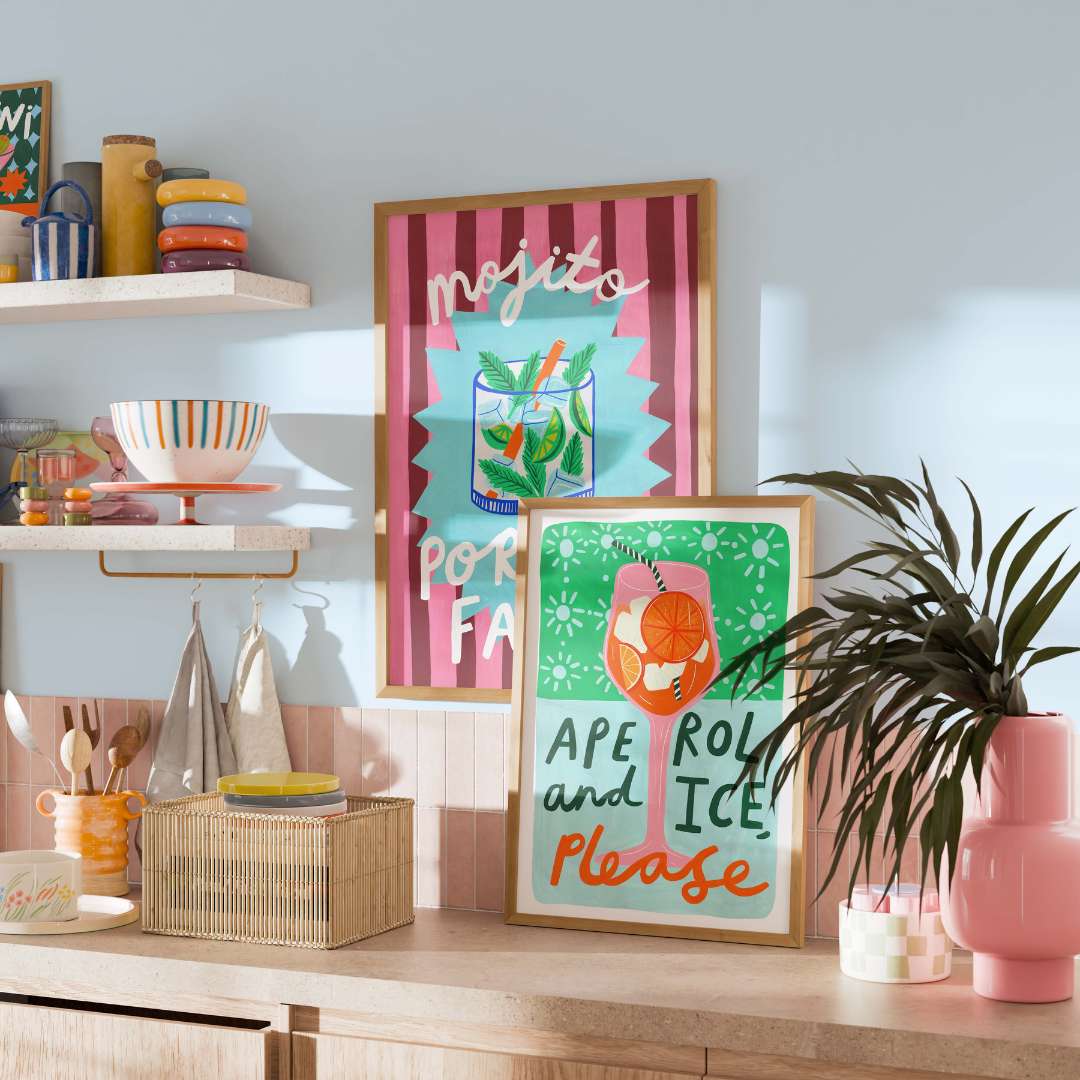 A colourful Aperol Spritz cocktail art print with green and blue patterns including hand-written lettering 'Aperol and Ice please'