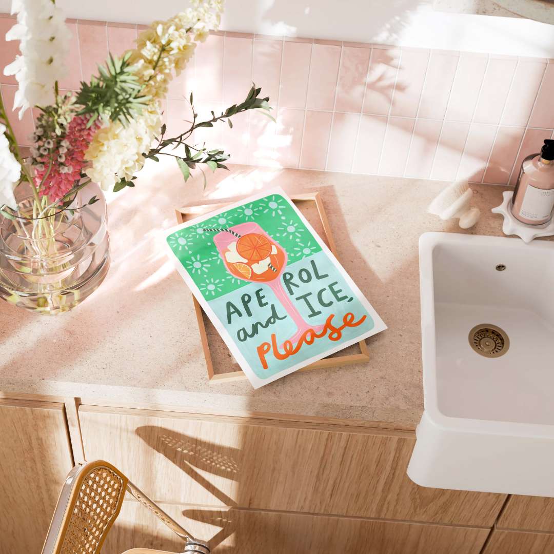 A colourful Aperol Spritz cocktail art print with green and blue patterns including hand-written lettering 'Aperol and Ice please'