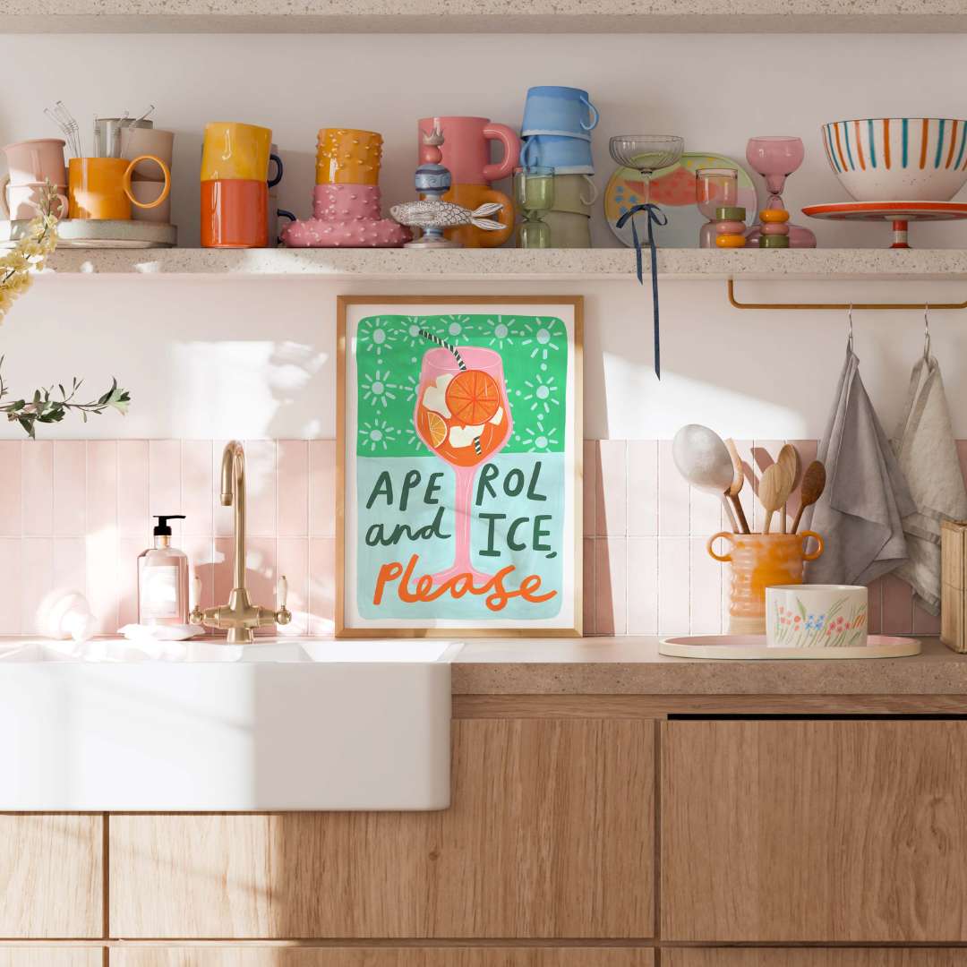 A colourful Aperol Spritz cocktail art print with green and blue patterns including hand-written lettering 'Aperol and Ice please'