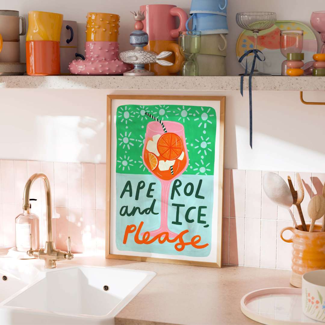 A colourful Aperol Spritz cocktail art print with green and blue patterns including hand-written lettering 'Aperol and Ice please'