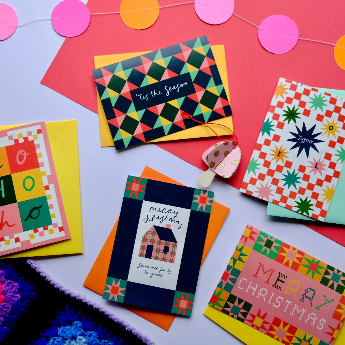 Merry Christmas From Our Family To Yours Patchwork Christmas Card | Colourful Cozy Quilt Christmas card | Bold Festive Quilt Christmas Card