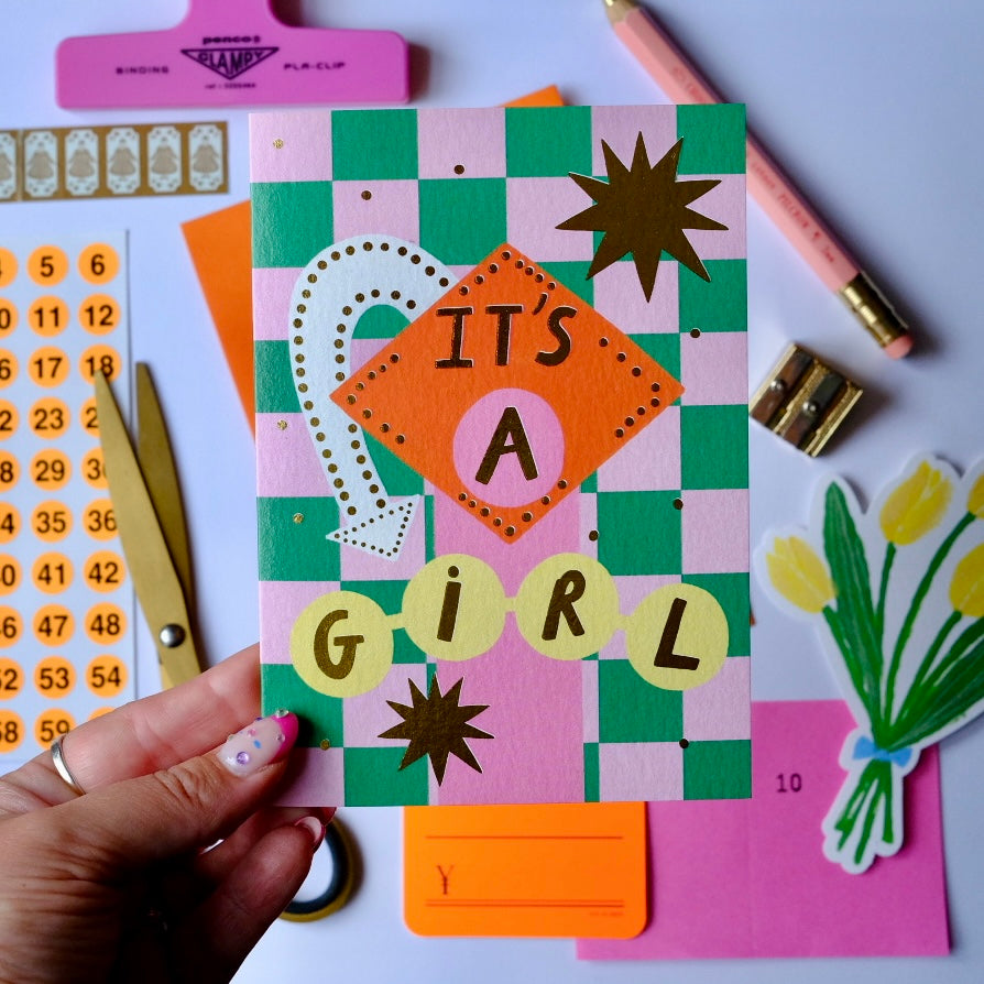 Retro 'It's A Girl' Sign Greetings Card | Vintage Sign Baby Girl Card | Retro Motel Style New Baby Card