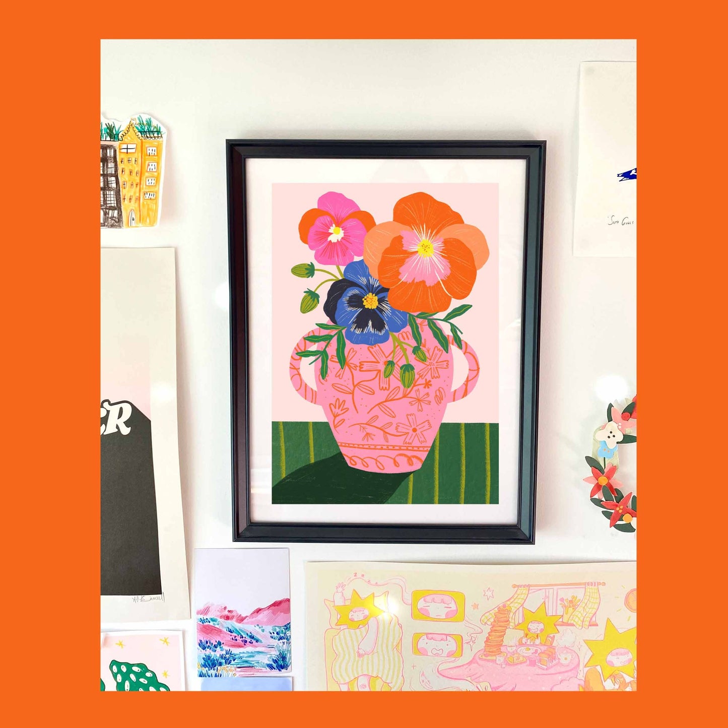 Pansies in Antique Vase Art Print | Pink Green Floral Vintage Wall Decor Living Room Botanical