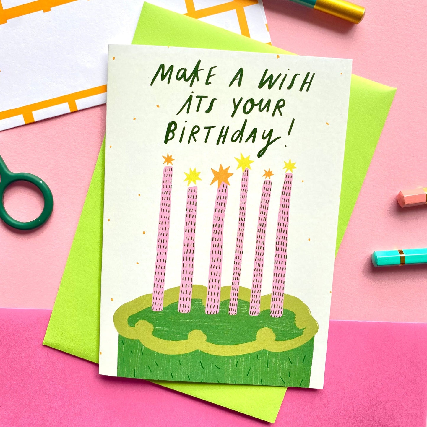 Make a Wish Green Cake Birthday Greeting Cards