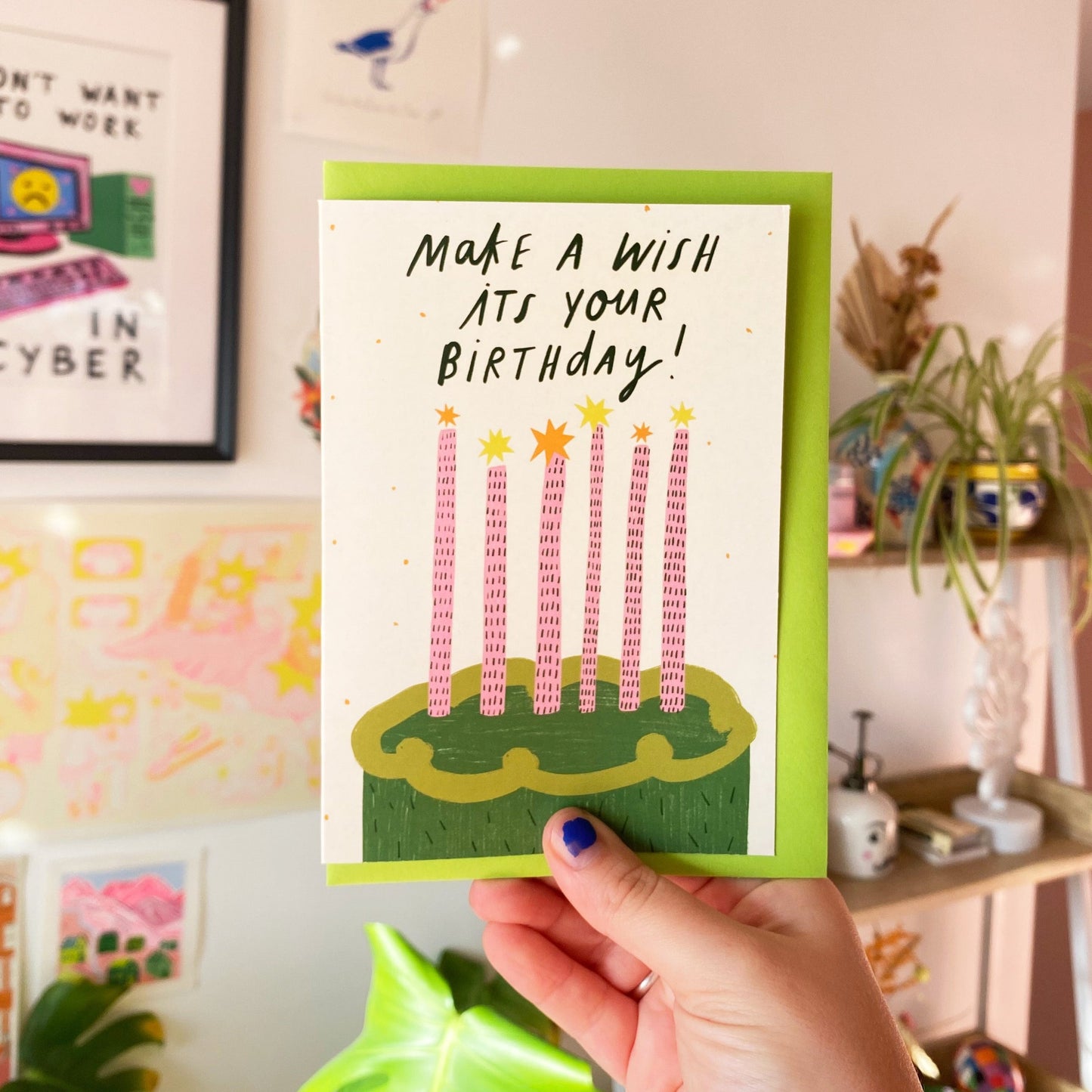Make a Wish Green Cake Birthday Greeting Cards