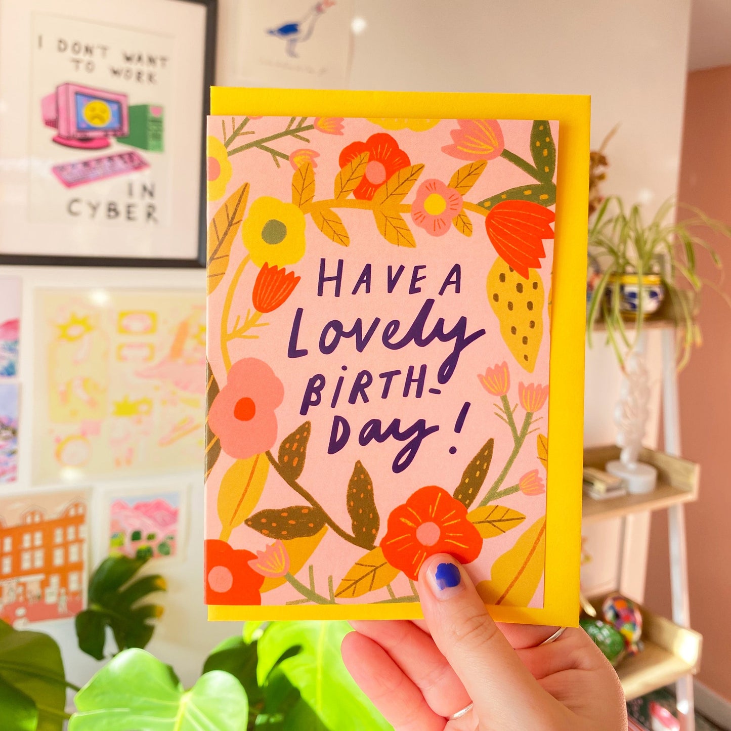 Have a lovely Birthday Flowers Gold Foil Greetings Card | Floral Pink Orange Bday Celebrate Mother Sister Friend