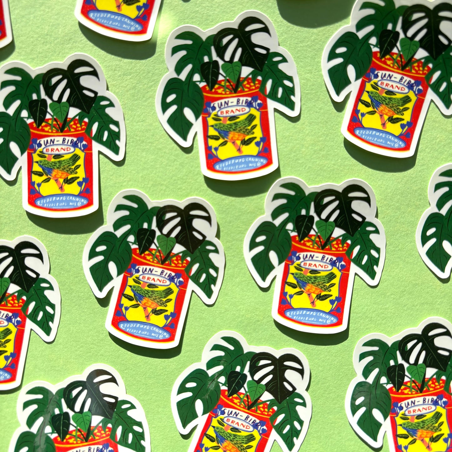 Monstera House Plant & Vintage Sun Bird Can Vinyl Sticker