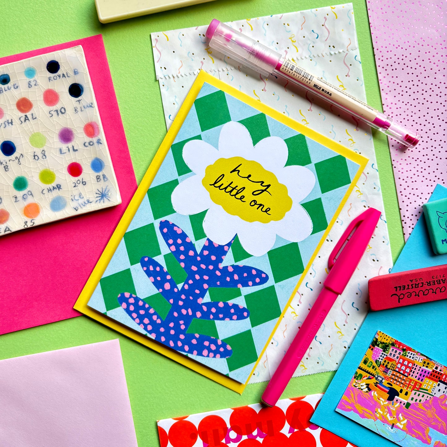 Hey Little One Greeting Card | Floral Patterned Quirky Newborn Grandchild Son Daughter Stork New Arrival