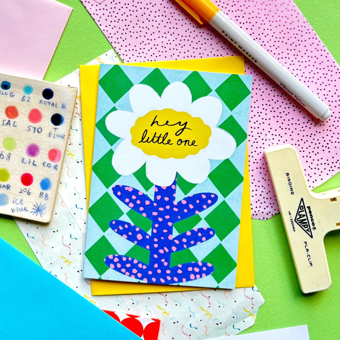 Hey Little One Greeting Card | Floral Patterned Quirky Newborn Grandchild Son Daughter Stork New Arrival