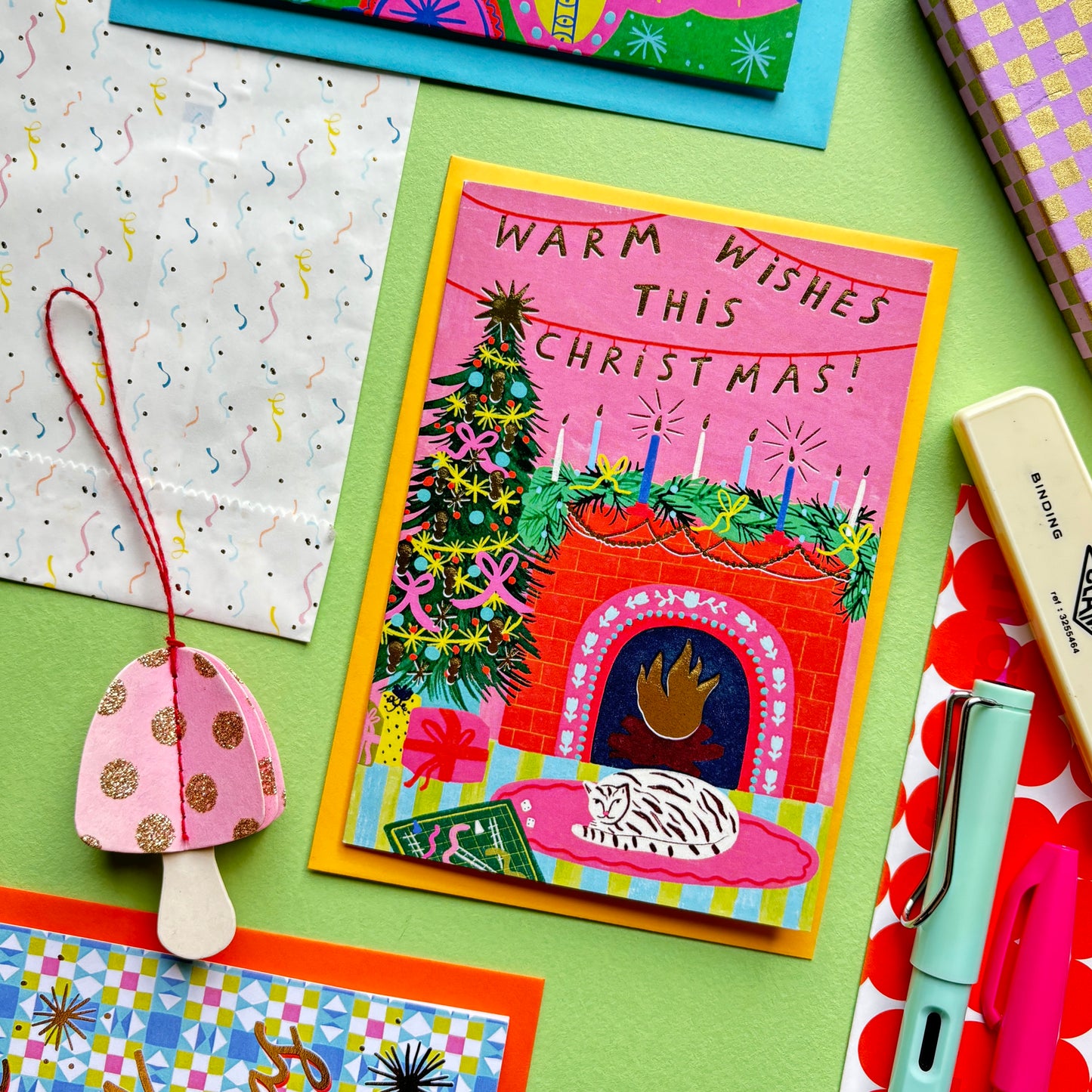 Warm Wishes This Christmas Greeting Card | Fireplace Xmas Festive Greetings Cat Cozy Pink Gold Foil