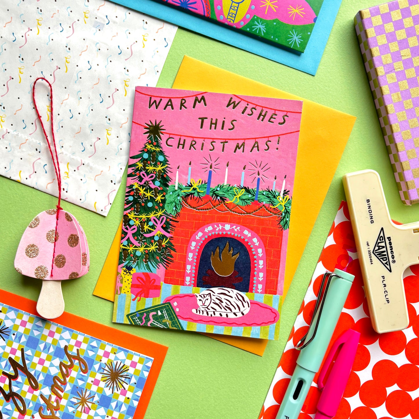 Warm Wishes This Christmas Greeting Card | Fireplace Xmas Festive Greetings Cat Cozy Pink Gold Foil