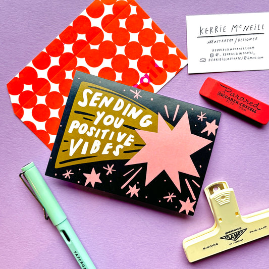 Sending You Positive Vibes Greeting Card | Firework Positivity Thoughtful Pink Gold Bold Quirky