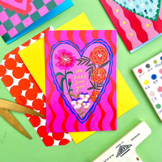 I'm Here For You Patterned Heart Greeting Card | Floral Handwritten Stripe Pink Red Thoughtful Get Better Bereavement