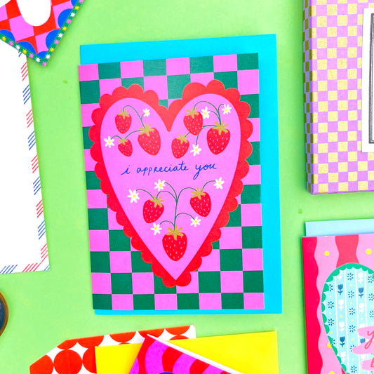 I Appreciate You Patterned Heart Greeting Card | Strawberry Checkered Pattern Quirky Pink Red Colourful Friendship