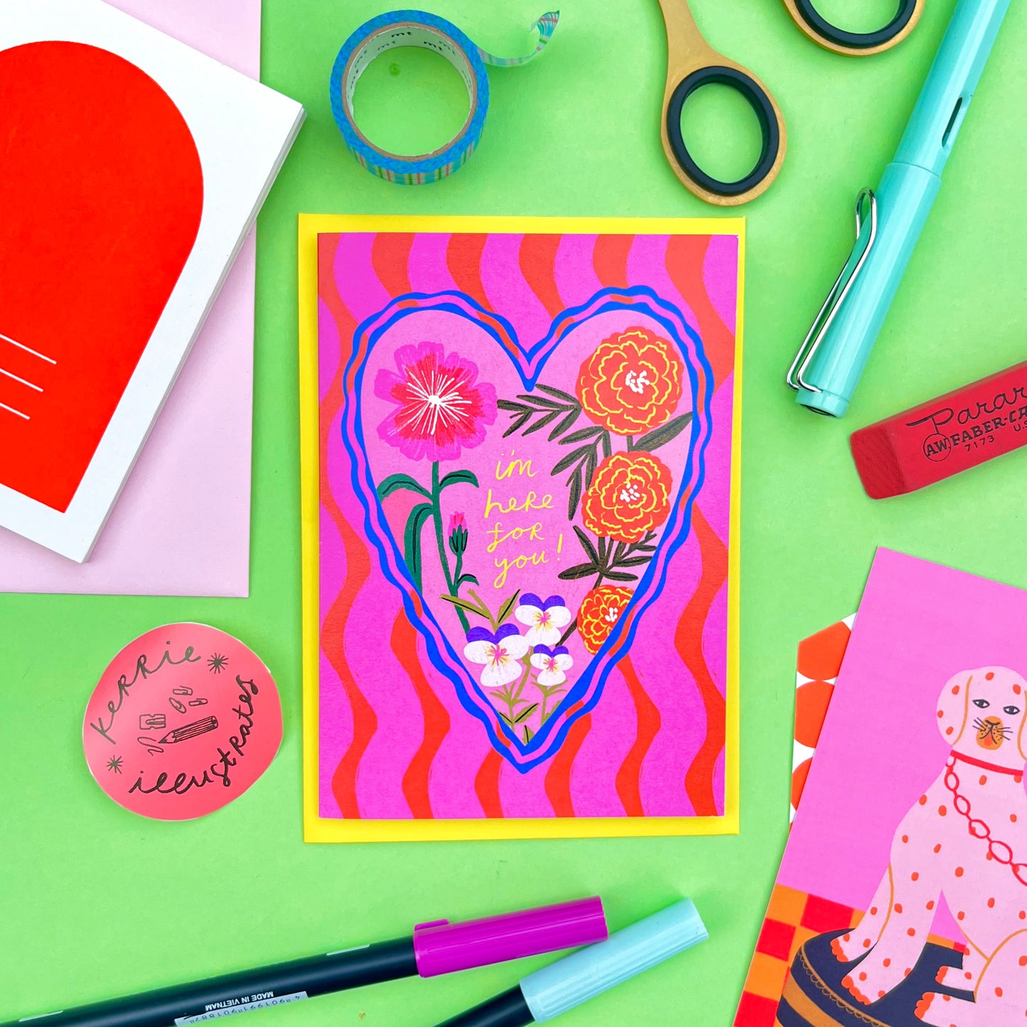 I'm Here For You Patterned Heart Greeting Card | Floral Handwritten Stripe Pink Red Thoughtful Get Better Bereavement