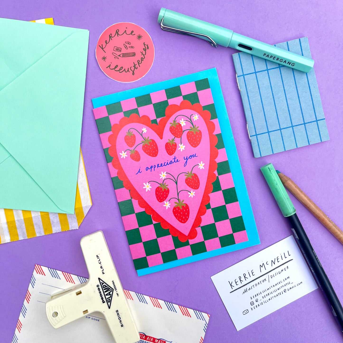 I Appreciate You Patterned Heart Greeting Card | Strawberry Checkered Pattern Quirky Pink Red Colourful Friendship