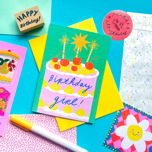Birthday Girl Cake Greeting Card | Pink Green Celebrate Bday Cherries Bold Quirky Greetings