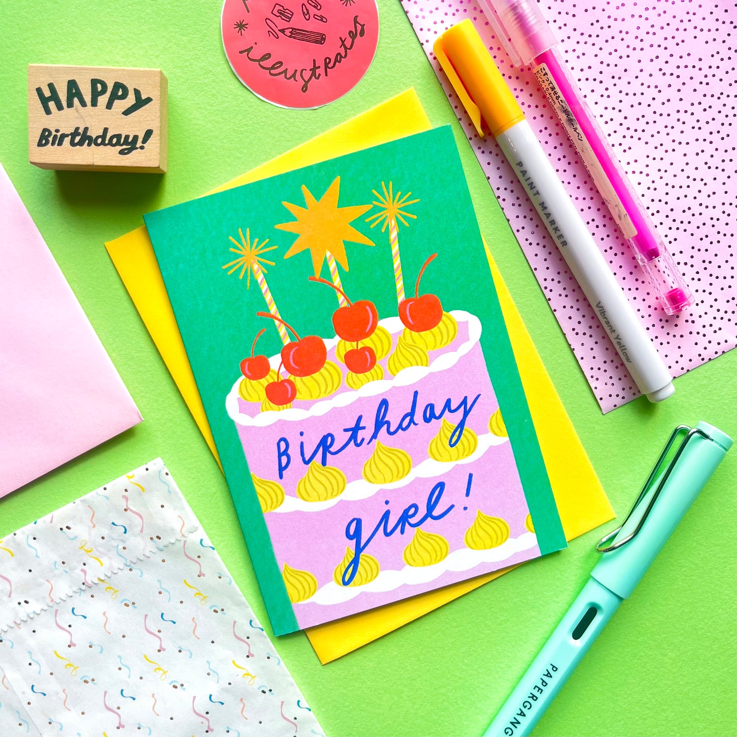 Birthday Girl Cake Greeting Card | Pink Green Celebrate Bday Cherries Bold Quirky Greetings