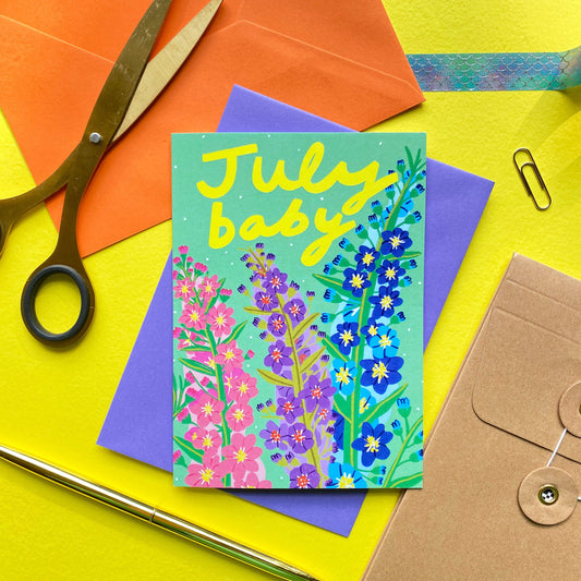 July New Baby Birth Month Greetings Card | Newborn Son Daughter Grandchild Birthday Congratulations Birth Flower