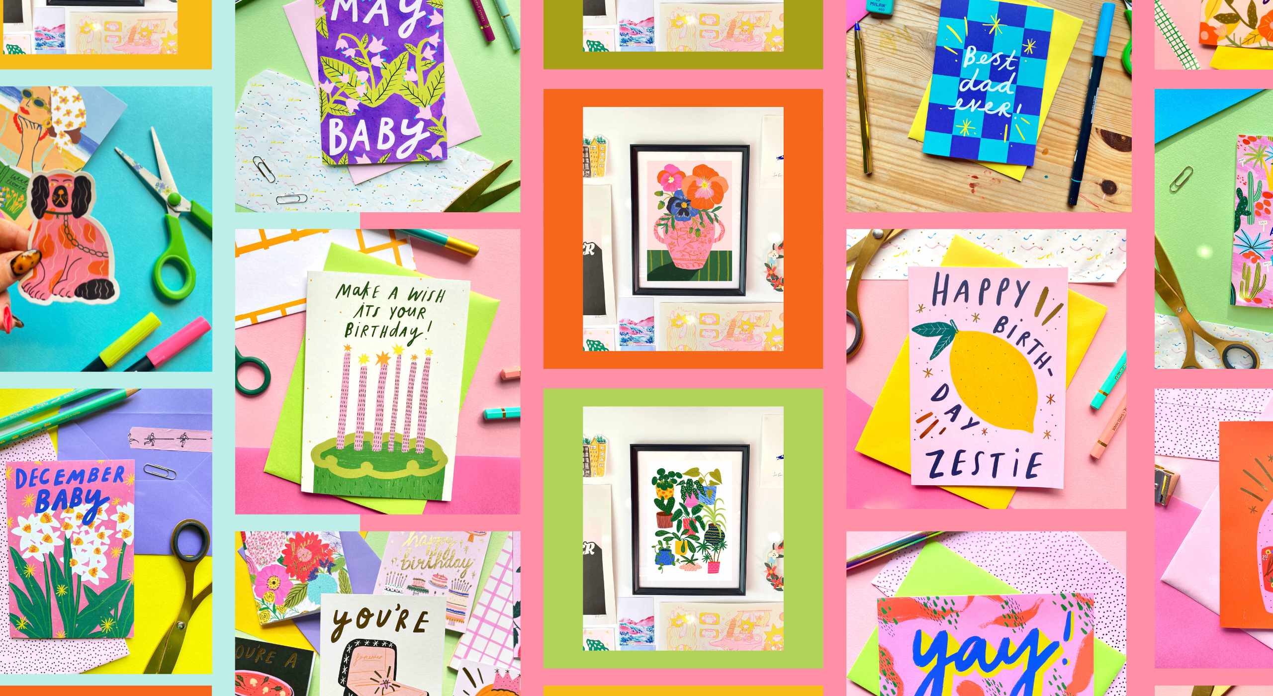 Kerrie McNeill works from her studio in the loveliest countryside town of Saintfield in Northern Ireland. You’ll usually find her working alongside Cassidy; her rather large cat! Kerrie combines traditional and digital methods to create her unique range of cards. She uses colouring pencils and vibrant gouache paints as well as her trusty iPad to create playful patterns and colourful illustrations.