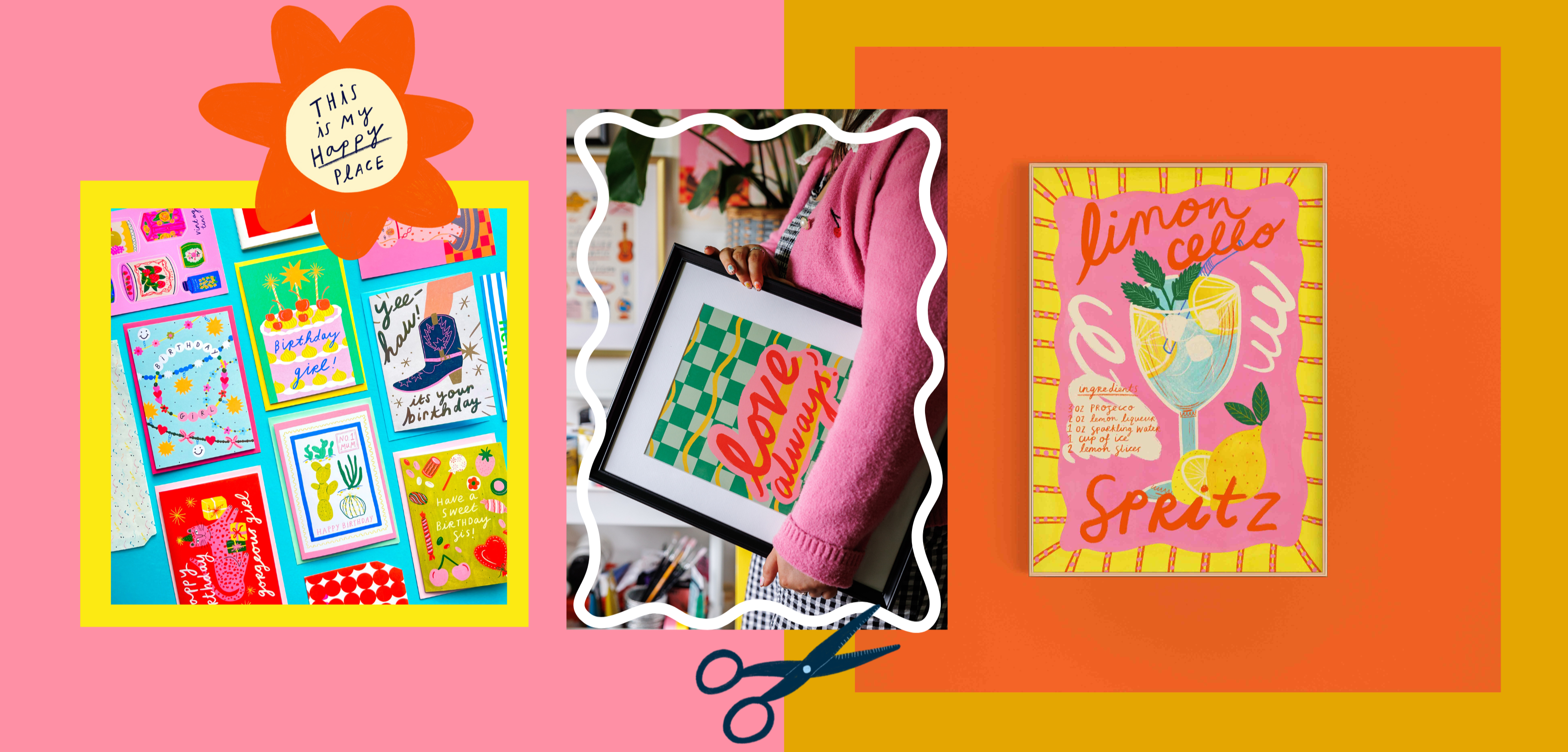 Kerrie McNeill works from her studio in the loveliest countryside town of Saintfield in Northern Ireland. You’ll usually find her working alongside Cassidy; her rather large cat! Kerrie combines traditional and digital methods to create her unique range of cards. She uses colouring pencils and vibrant gouache paints as well as her trusty iPad to create playful patterns and colourful illustrations.