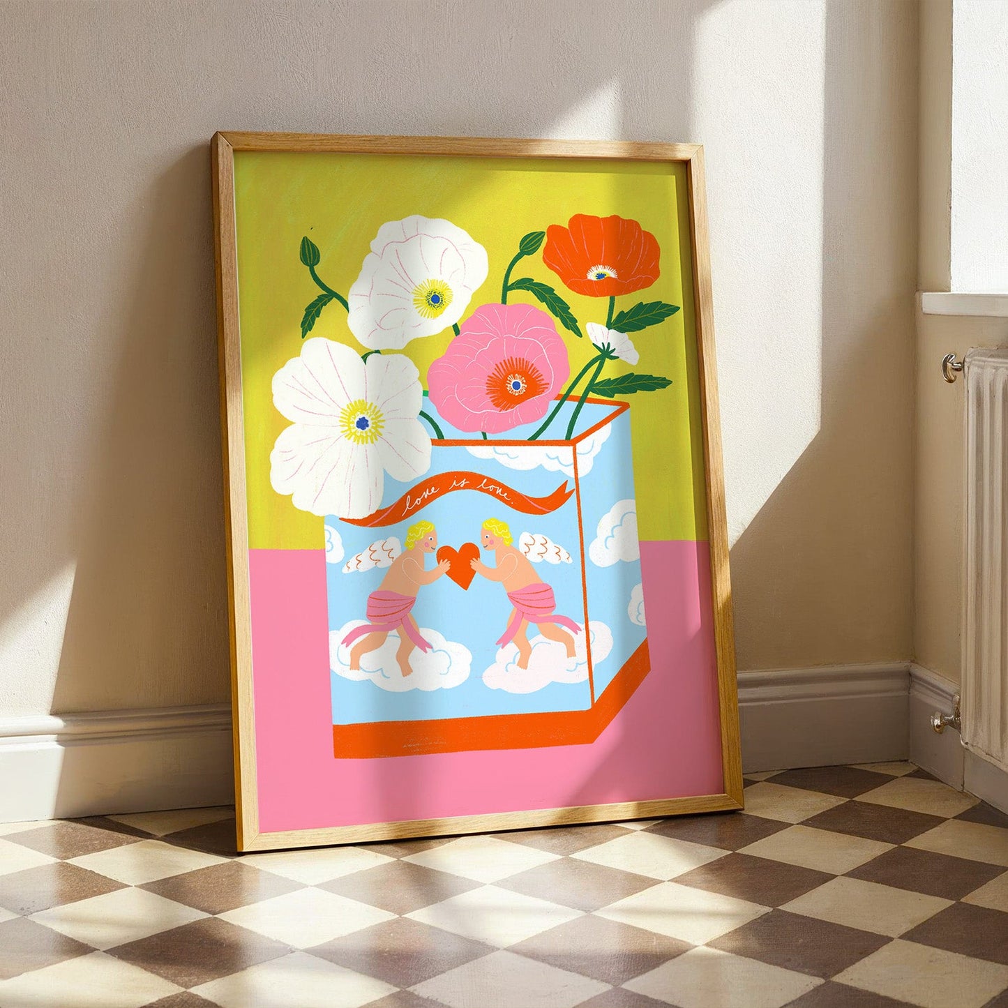 Poppies in Love is Love Cherubs Tin Art Print | Botanical Flowers Wall Art | Poppies illustration | Love is Love Art Print