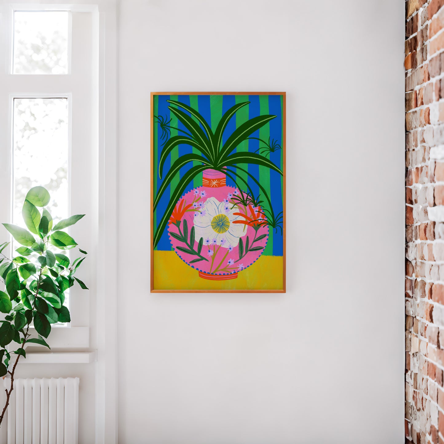 Fancy Spider plant in floral vase art print | Spider plant art print | House plant art print | Botanical art print | Cute plant art print