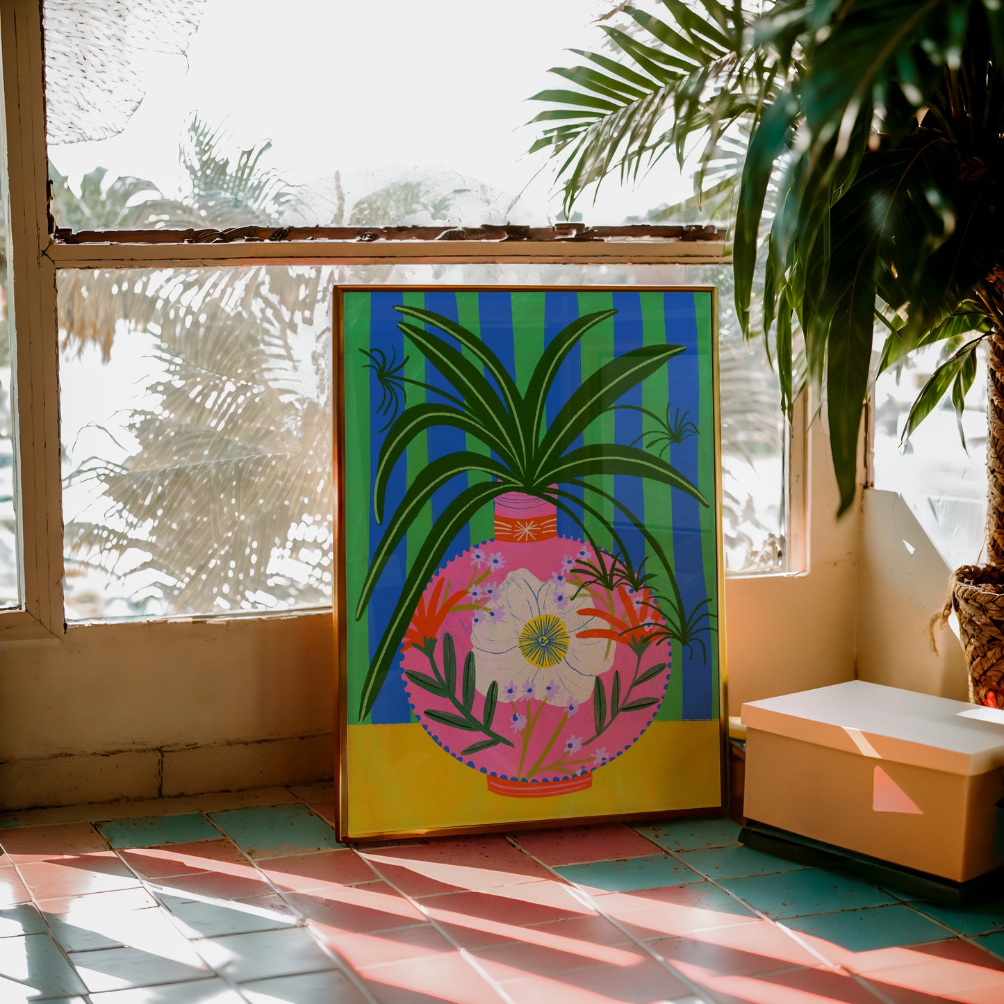 Fancy Spider plant in floral vase art print | Spider plant art print | House plant art print | Botanical art print | Cute plant art print