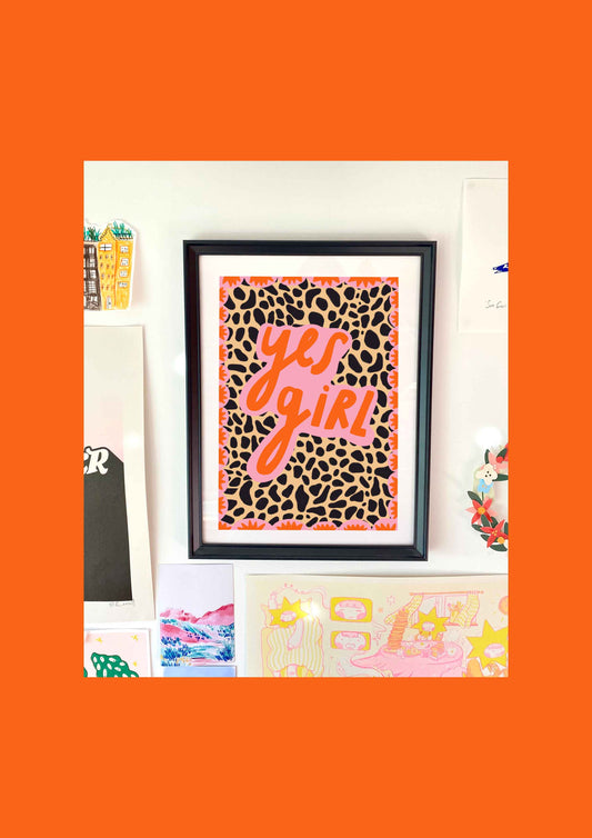 Yes Girl Leopard Pattern Positive Quote Art Print | Animal Print Maximalist Bedroom Wall Decor