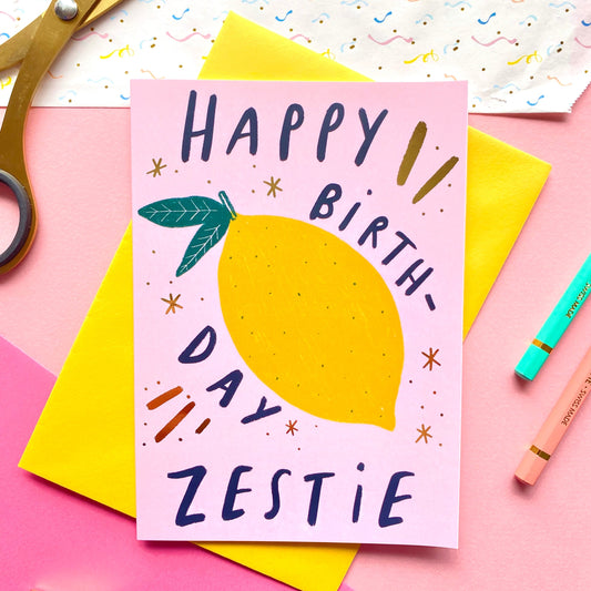 Happy Birthday Zestie Gold Foil Greetings Card | Punny Bday Friend Sister Lemon