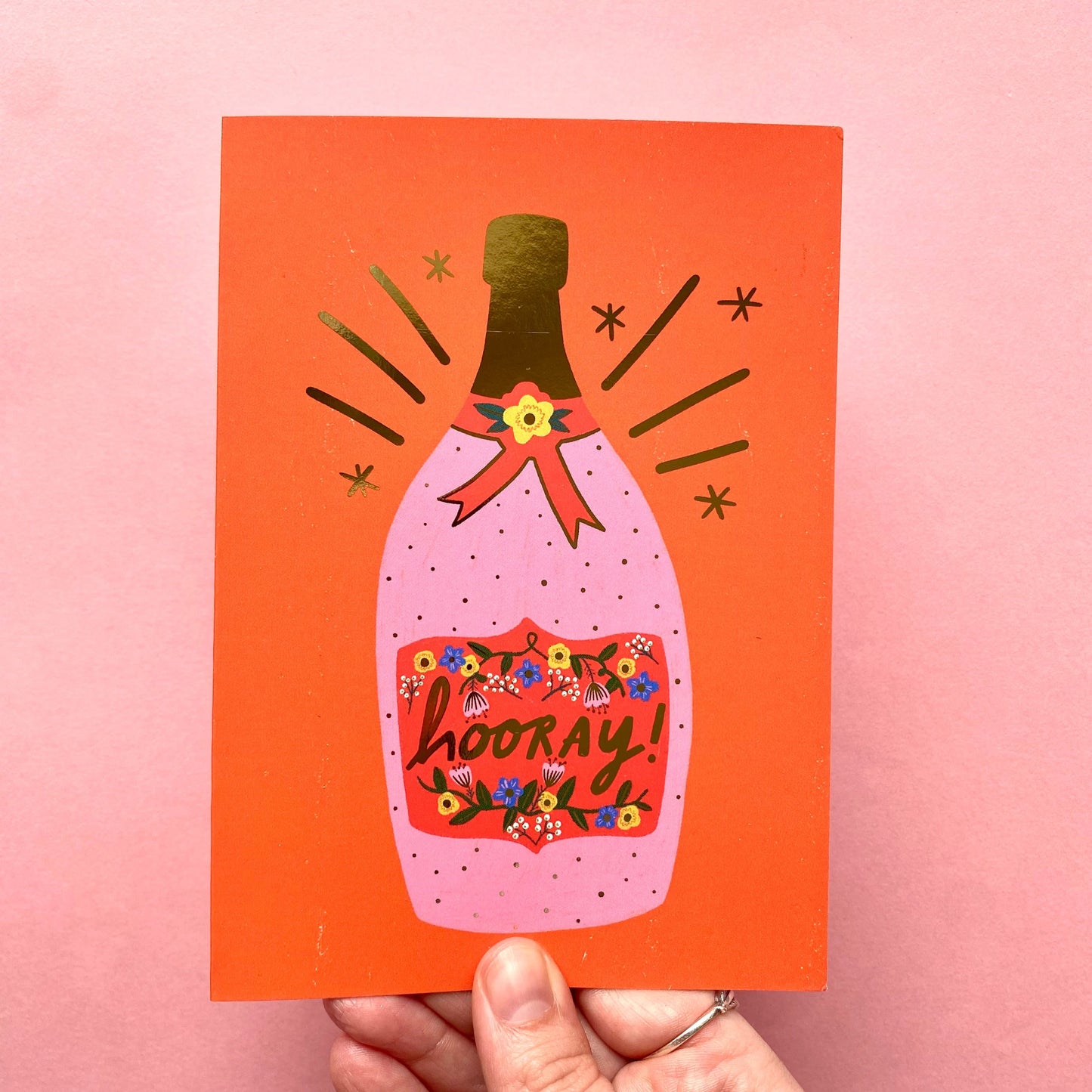 Hooray Champagne Gold-Foiled Greetings Card | Yay Celebrate Prosecco Exam Results Promotion New Job Anniversary Engagement Wedding Party Milestone