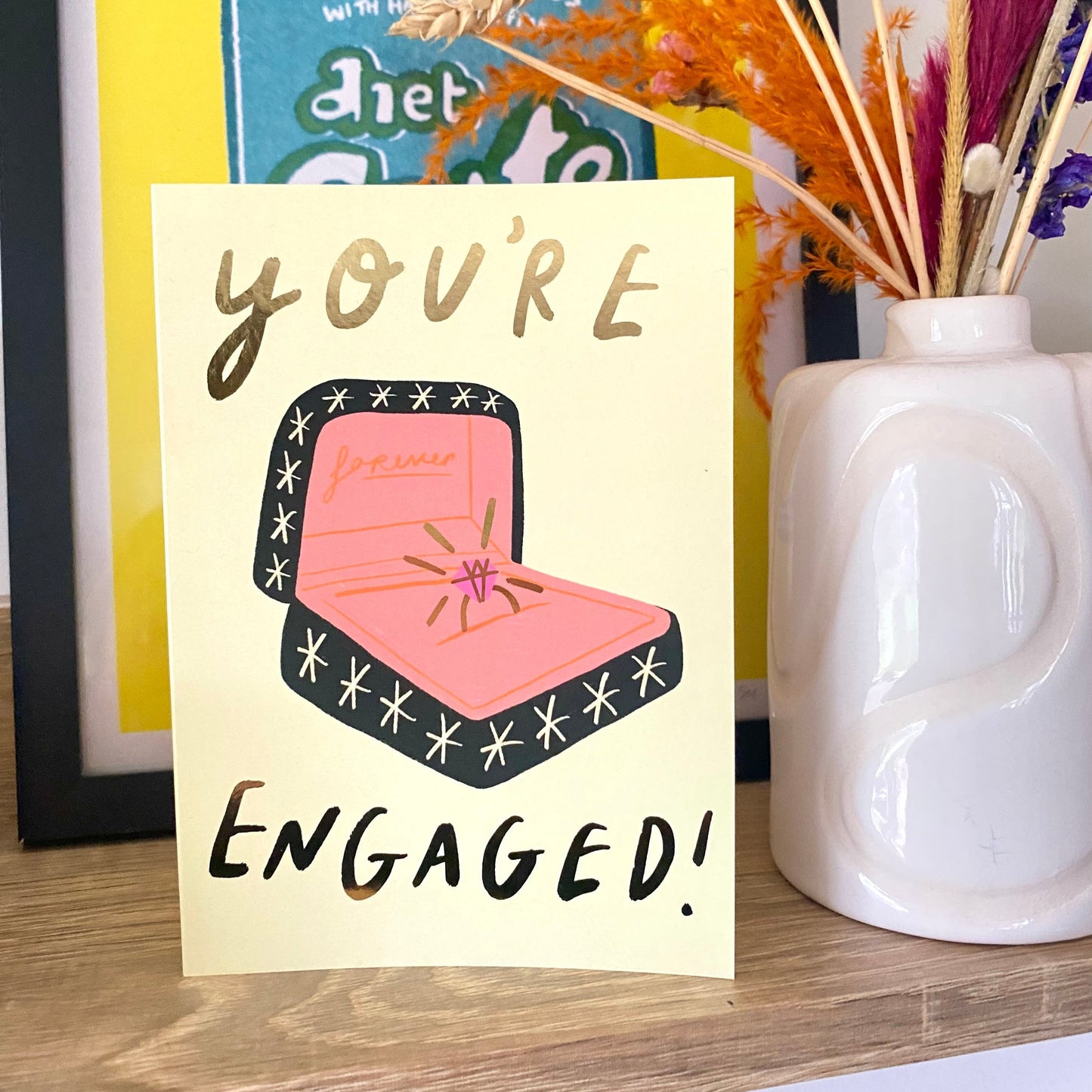 You're Engaged Congratulations Couple Gold Greetings Card | Celebrate Proposal Wedding Marriage Party Ring Box Fiancee Husband Wife