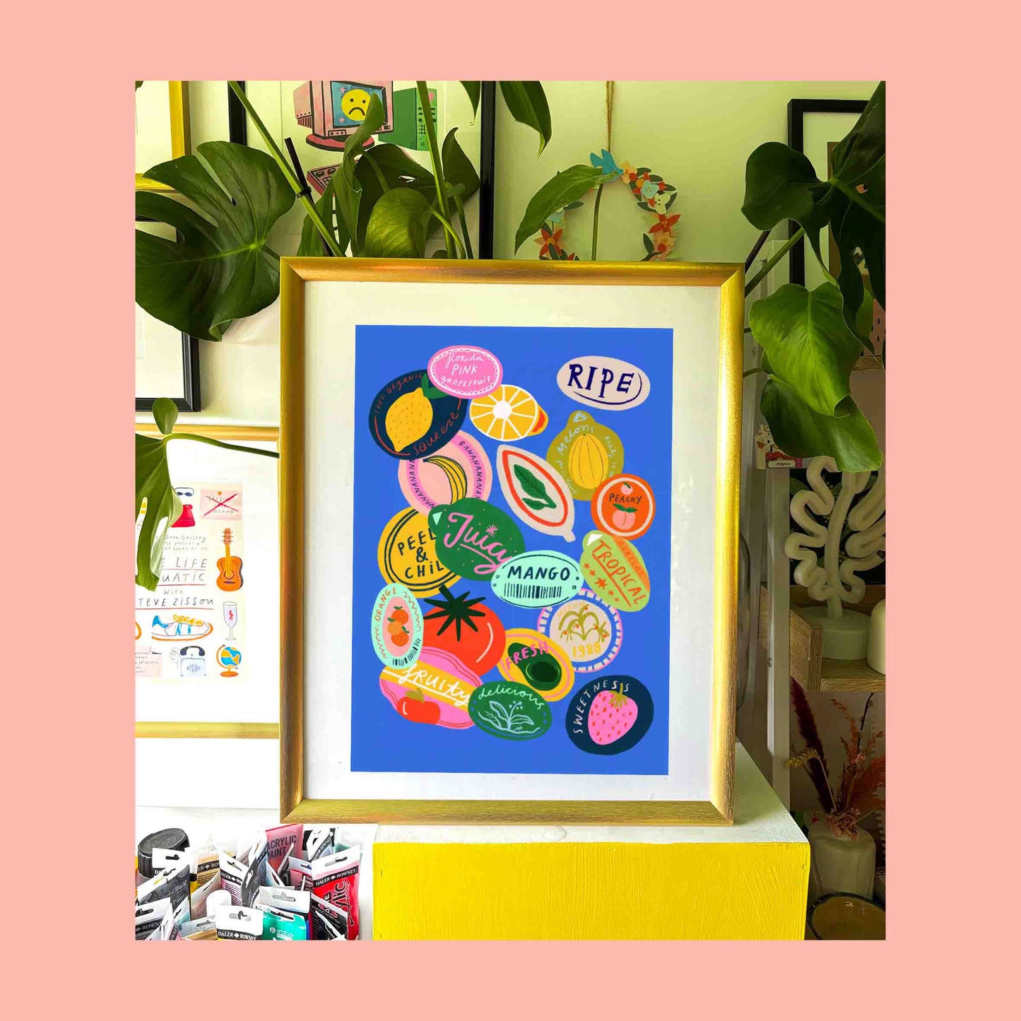 Fruit Stickers Collection Art Print | Junk Journal Maximalist Banana Bright Kitchen Wall Decor