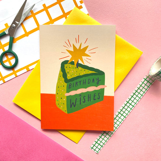 Birthday Wishes Green Cake Greetings Card | Bday Celebrate Friend Sister Brother Parents Quirky Colourful