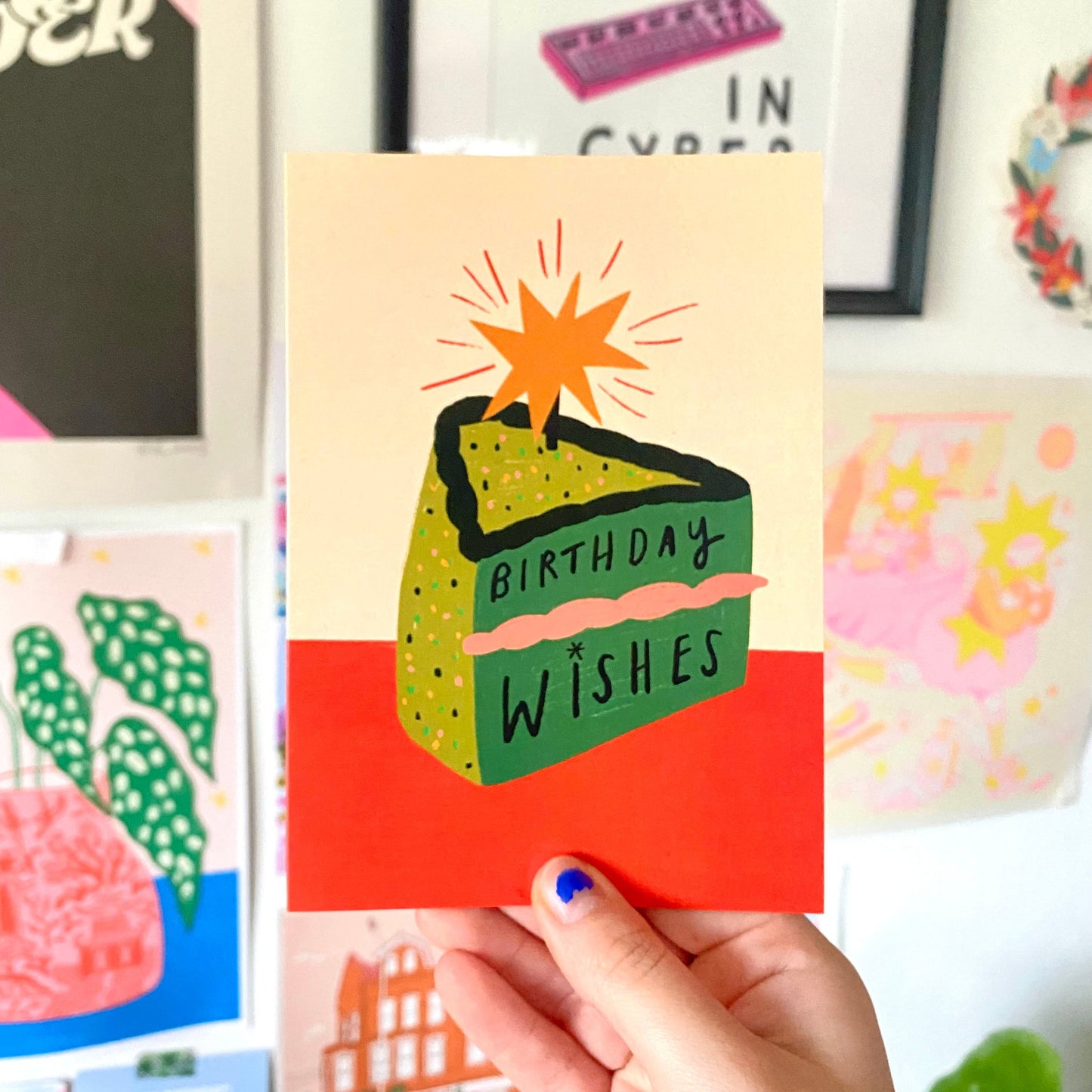 Birthday Wishes Green Cake Greetings Card | Bday Celebrate Friend Sister Brother Parents Quirky Colourful