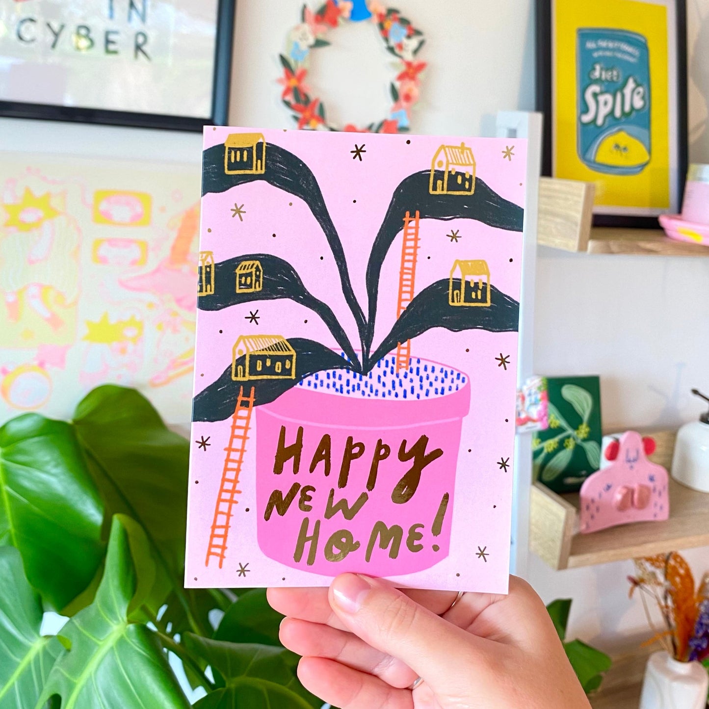 Happy New Home Gold Foil Greetings Card | House Plant Pink Bold Ladder Apartment Homeowner Flat Celebrate