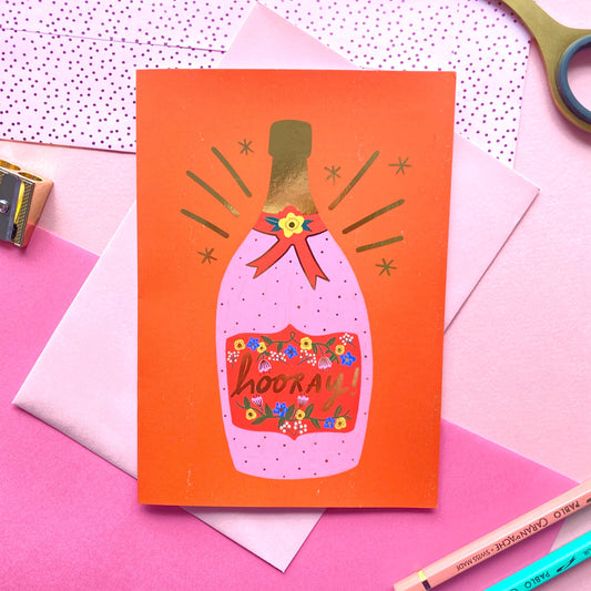 Hooray Champagne Gold-Foiled Greetings Card | Yay Celebrate Prosecco Exam Results Promotion New Job Anniversary Engagement Wedding Party Milestone