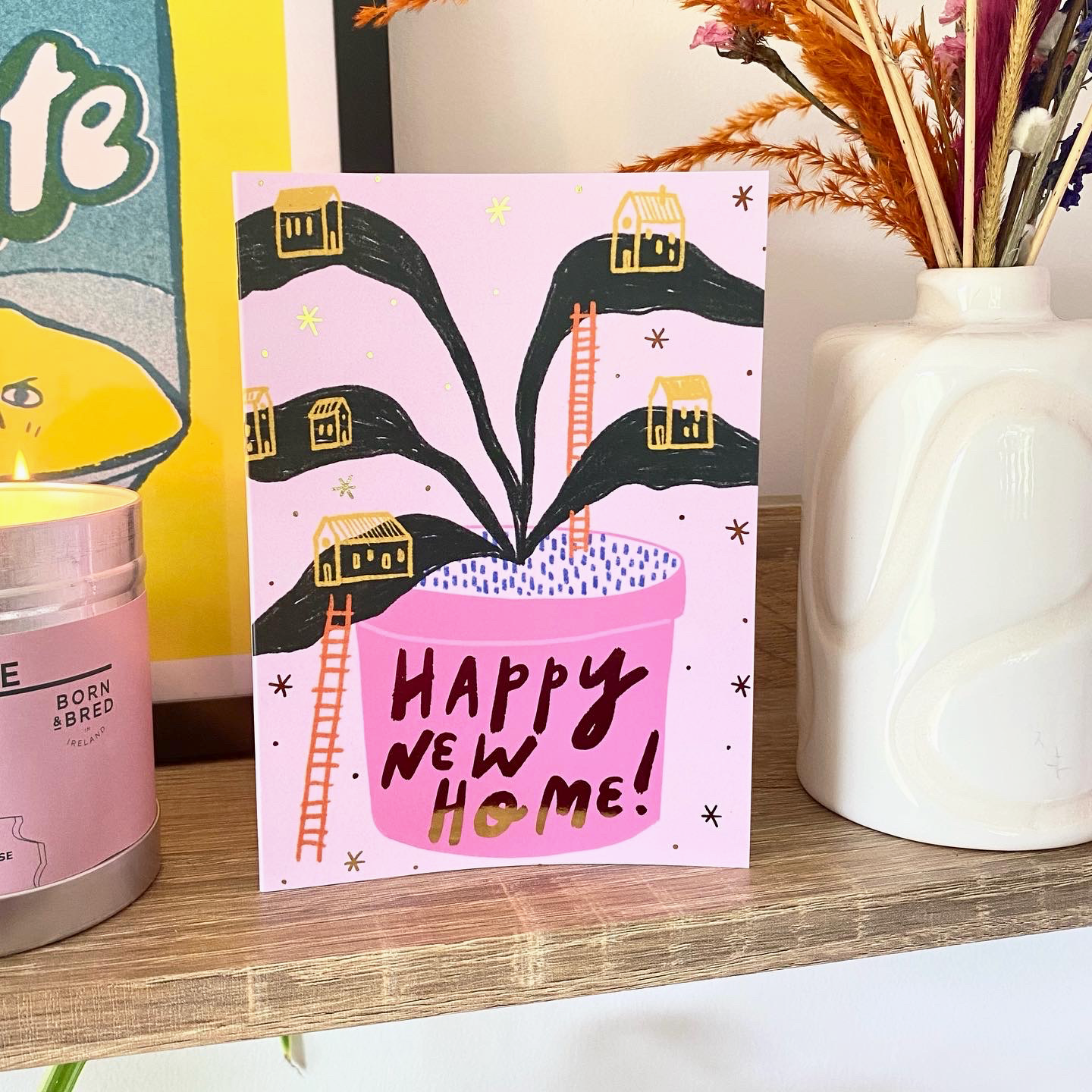 Happy New Home Gold Foil Greetings Card | House Plant Pink Bold Ladder Apartment Homeowner Flat Celebrate