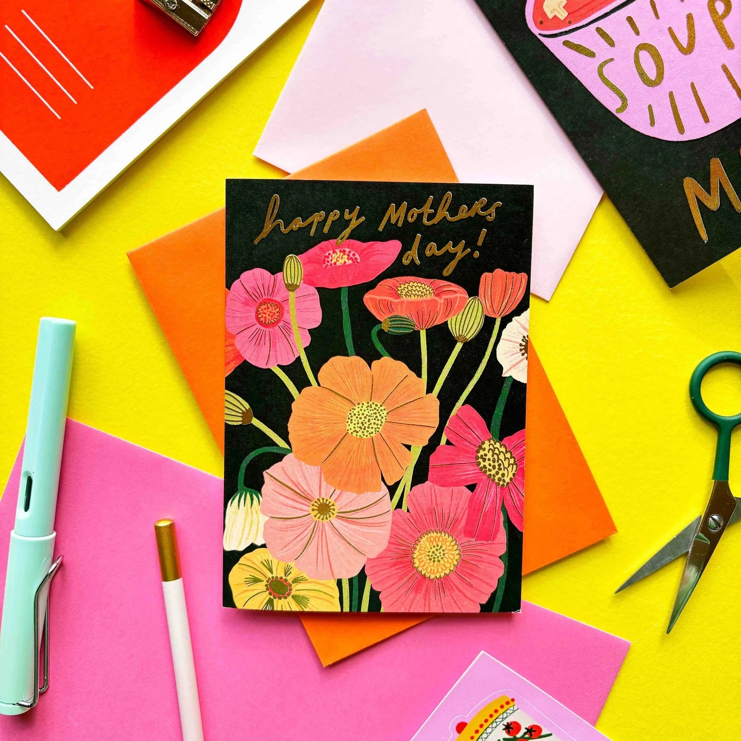 Happy Mother's Day Flowers Gold Foil Greetings Card | Black Orange Gold Greeting Mum Mom Mummy Celebration