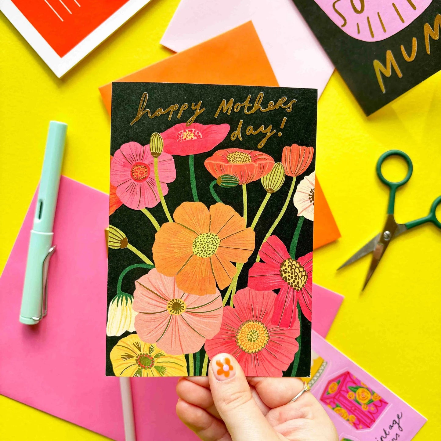 Happy Mother's Day Flowers Gold Foil Greetings Card | Black Orange Gold Greeting Mum Mom Mummy Celebration