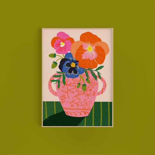 Pansies in Antique Vase Art Print | Pink Green Floral Vintage Wall Decor Living Room Botanical