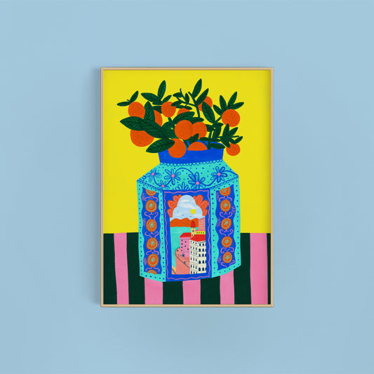 Italian Vase Art Print | Italy Antique Oranges Stripe Design Illustrator Wall Decor