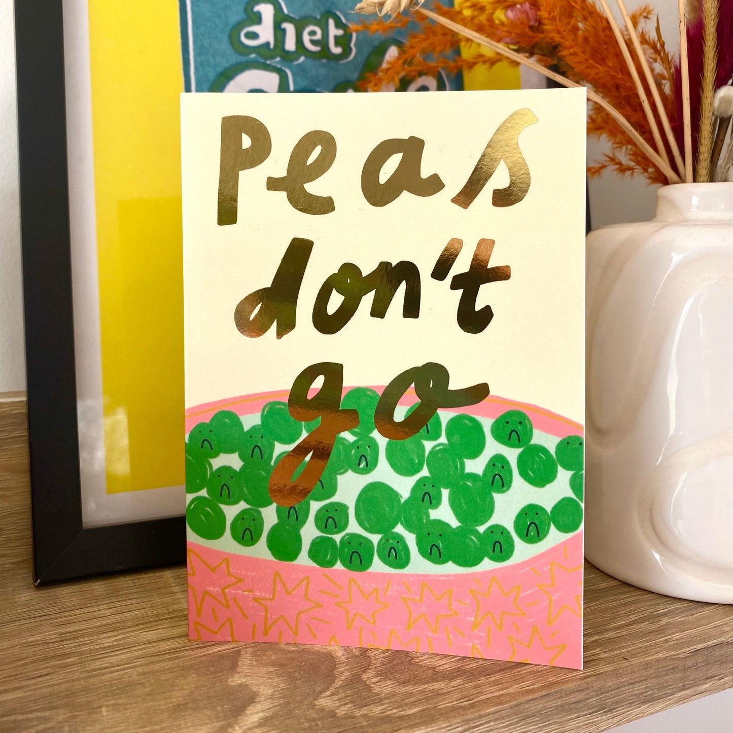 Peas don’t go funny leaving gold foil greeting card | Punny Coworker New Job Retirement Joke Pun