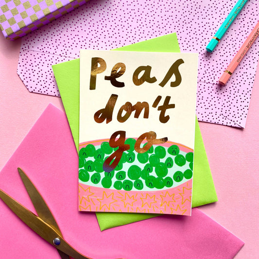 Peas don’t go funny leaving gold foil greeting card | Punny Coworker New Job Retirement Joke Pun
