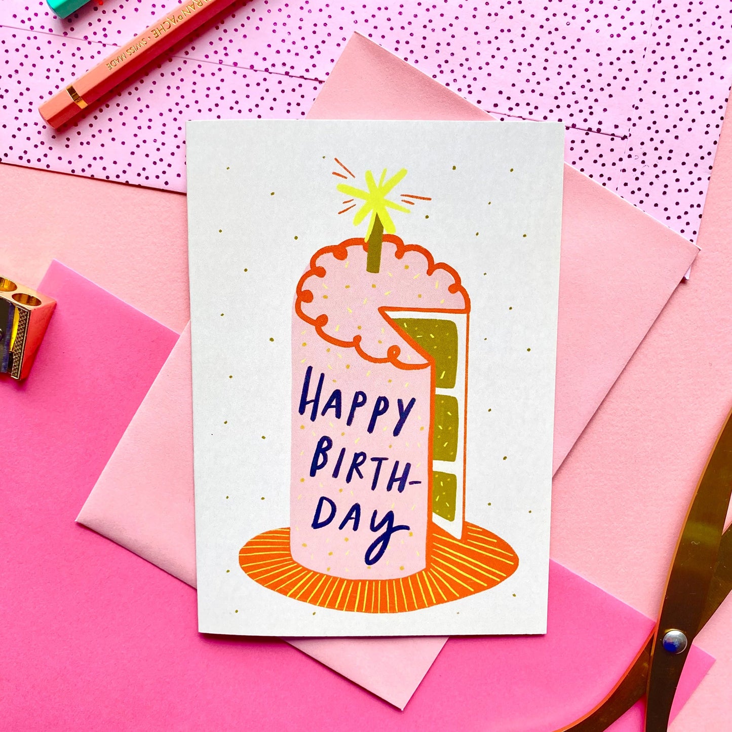 Happy Birthday Pink Cake Greeting Card | Bday Friend Sister Celebrate Girl's Birthday Party