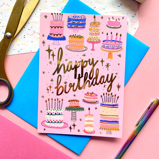 Happy Birthday Cake Gold Foil Greetings Card | Bday Celebrate Sparkle Sister Friend Girl