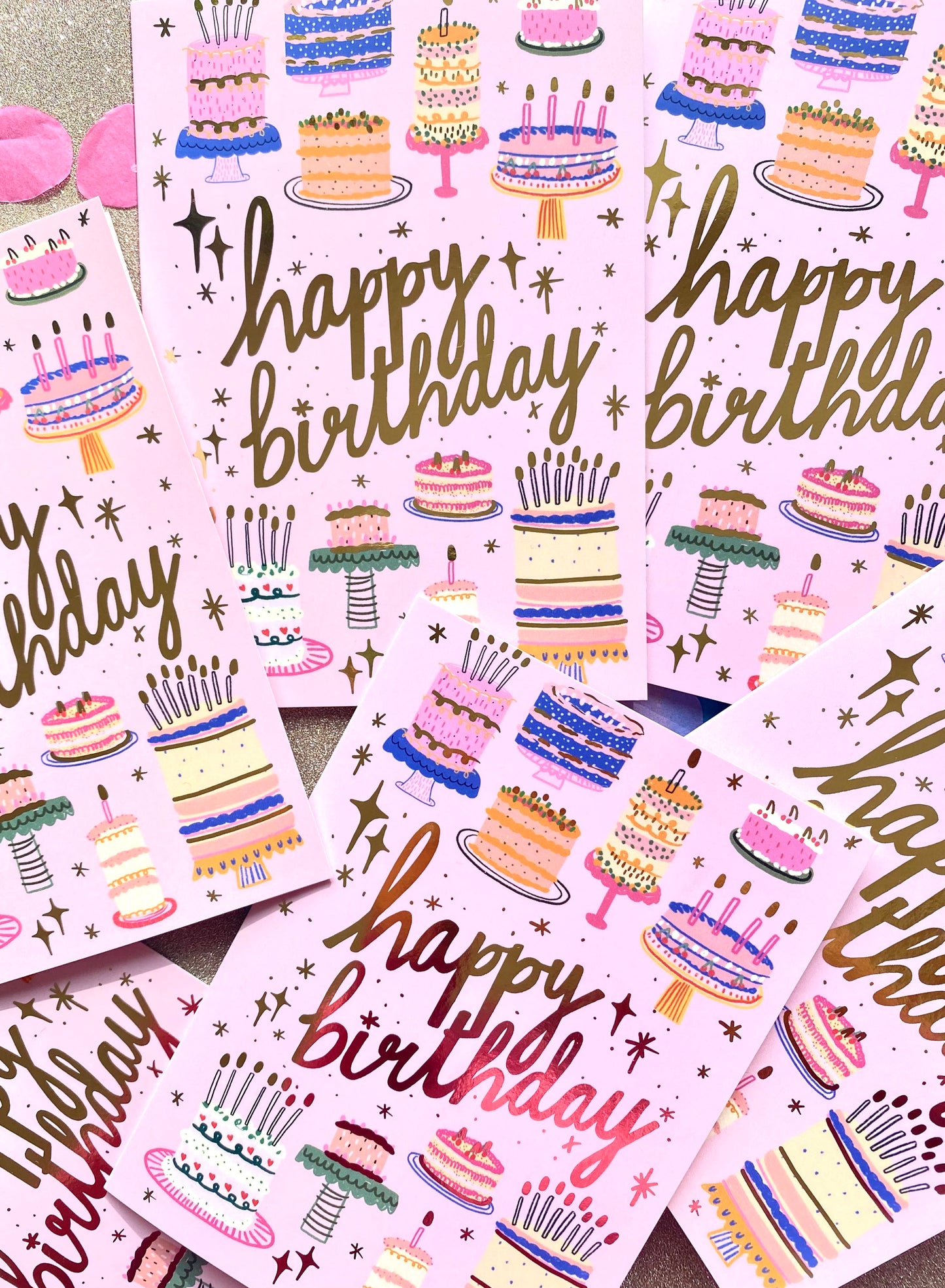 Happy Birthday Cake Gold Foil Greetings Card | Bday Celebrate Sparkle Sister Friend Girl