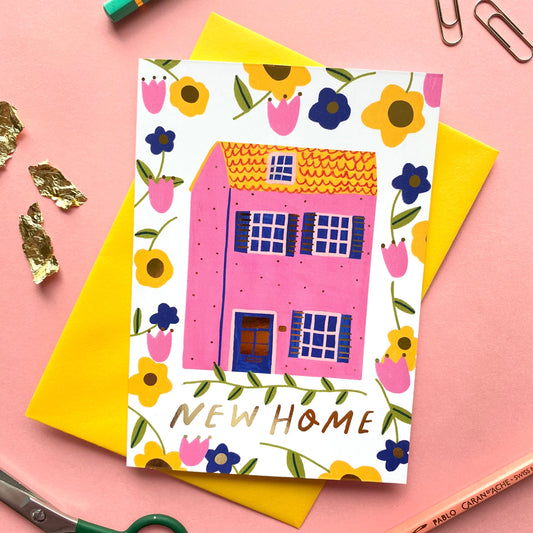 New Home Floral Patterned Gold Greetings Card | Homeowner New Apartment House Flat Congrats Congratulations